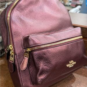 Coach Charlie Metallic Burgundy Pebbled Leather Backpack
